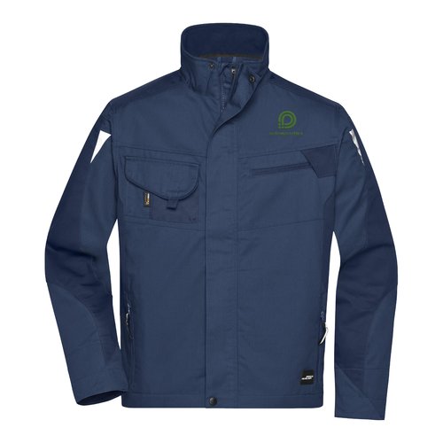 Veste de travail bleu marine en mlange polyester-coton avec poches multiples.