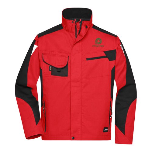 Veste de travail rouge en mlange polyester-coton avec fermeture clair et poches multiples.