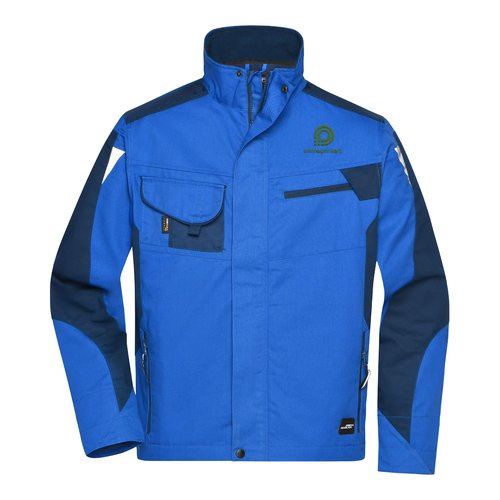 Veste de travail bleu en polyester-coton, unisexe, avec fermeture clair et poches multiples.