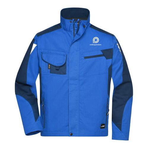 Veste de travail bleu en polyester-coton, unisexe, avec fermeture �clair et poches multiples.