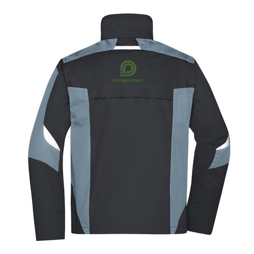 Veste de travail noire et grise en tissu mlang avec fermeture clair intgrale et poches latrales.