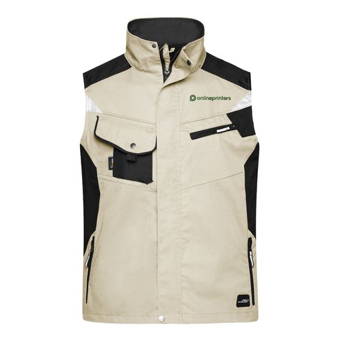 Gilet de travail beige/noir en mlange polyester-coton avec plusieurs poches.