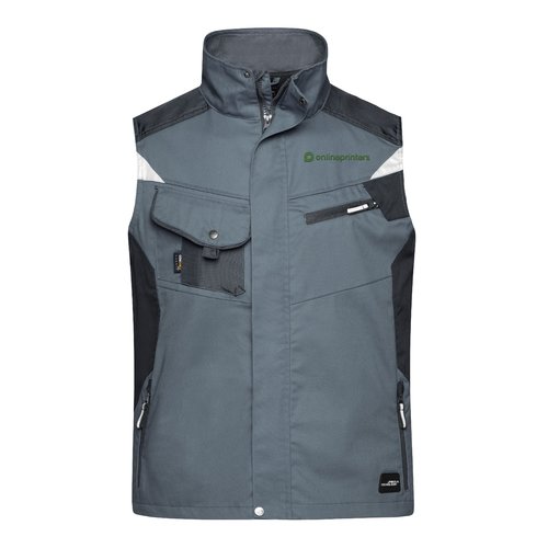 Gilet de travail gris fonc en mlange polyester-coton avec plusieurs poches et fermeture clair.