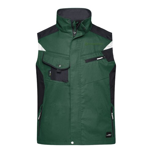 Gilet de travail vert fonc en polyester-coton avec plusieurs poches.