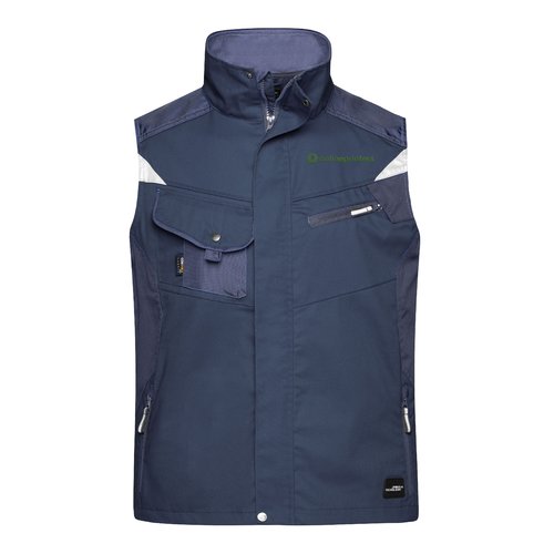 Gilet de travail bleu marine en mlange polyester-coton avec fermeture clair intgrale et plusieurs poches.