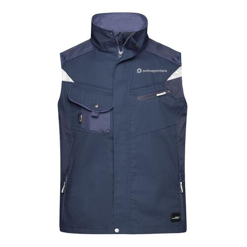 Gilet de travail bleu marine en m�lange polyester-coton avec fermeture �clair int�grale et plusieurs poches.