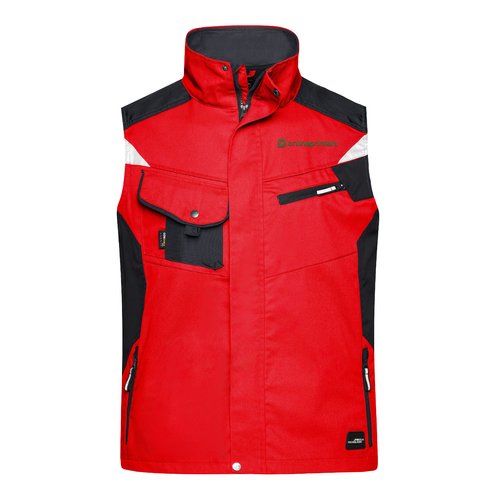 Gilet de travail rouge en mlange de polyester et coton avec plusieurs poches.