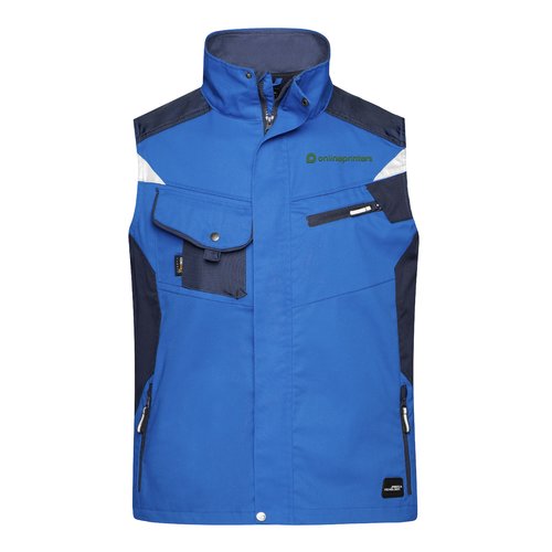 Gilet de travail bleu en mlange polyester-coton avec plusieurs poches.