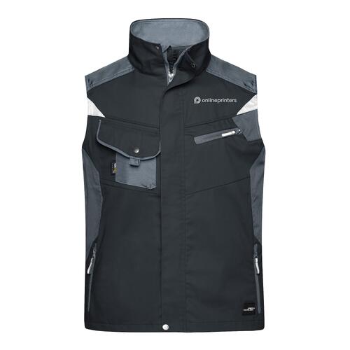 Gilet de travail noir et gris en polyester-coton avec poches multiples.