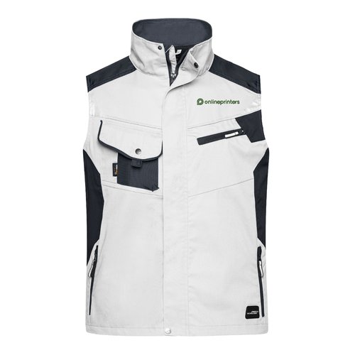 Gilet de travail blanc et gris en mlange polyester-coton avec poches.