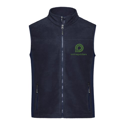 Veste polaire en polyester bleu marine avec fermeture clair intgrale et poches latrales.