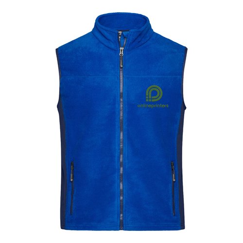 Gilet en polaire polyester bleu avec fermeture clair intgrale et poches latrales.