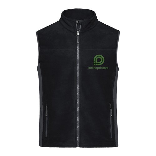 Gilet en polaire de polyester noir et gris avec fermeture clair intgrale.