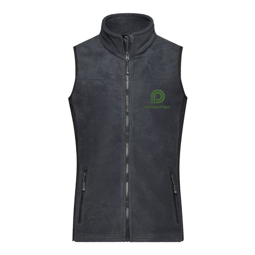 Veste sans manches en polaire polyester gris fonc avec fermeture clair intgrale et poches latrales.