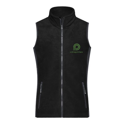 Veste sans manches en polaire polyester noire et grise avec fermeture clair intgrale.