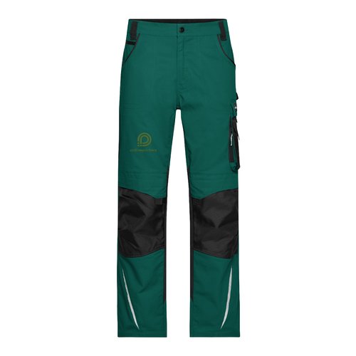 Pantalon de travail vert fonc/noir en polyester-coton avec poches.