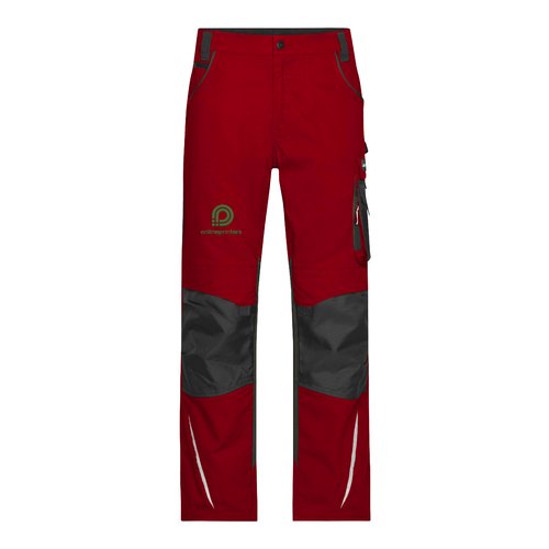 Pantalon de travail rouge et noir en mlange polyester-coton avec poches multiples.