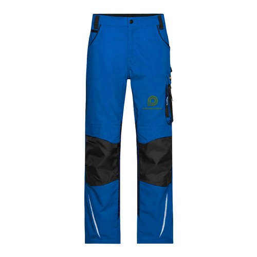 Pantalon de travail bleu en m�lange polyester-coton, coupe d�contract�e et poches.