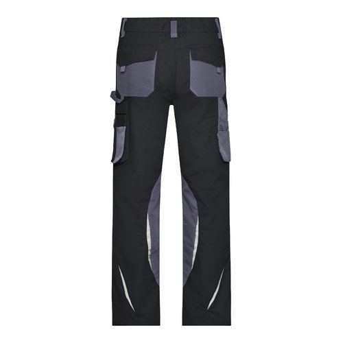 Pantalon de travail noir et gris en polyester et coton avec plusieurs poches.