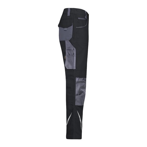 Pantalon de travail noir et gris en mlange polyester-coton avec plusieurs poches.