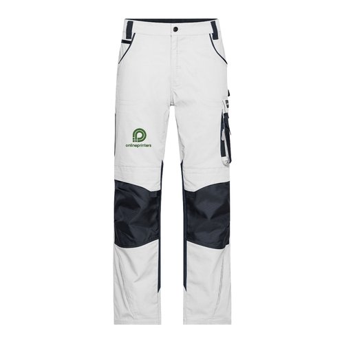 Pantalon de travail blanc/gris en polyester et coton avec poches.