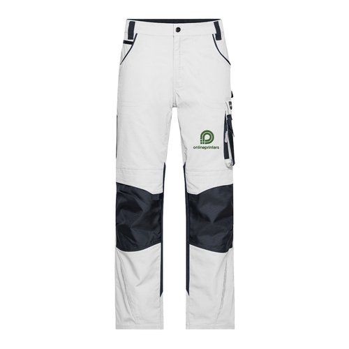 Pantalon de travail blanc/gris en polyester et coton avec poches et genoux renforc�s.