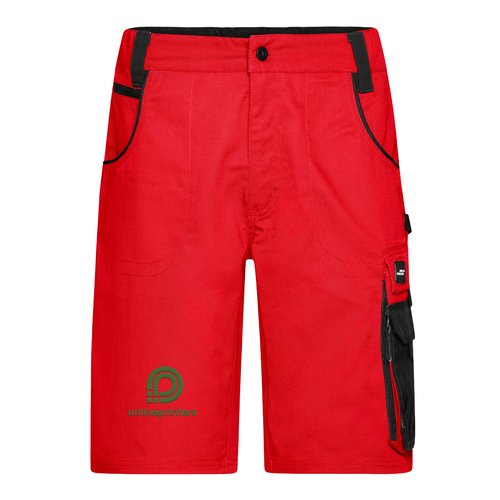 Short de travail rouge en mlange polyester-coton avec plusieurs poches.