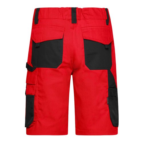 Short de travail rouge et noir en mlange polyester-coton avec plusieurs poches.