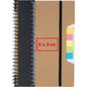 Carnet marron avec reliure spirale, lastique et notes adhsives.