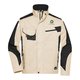 Veste de travail beige/noire en polyester et coton avec col montant et plusieurs poches.